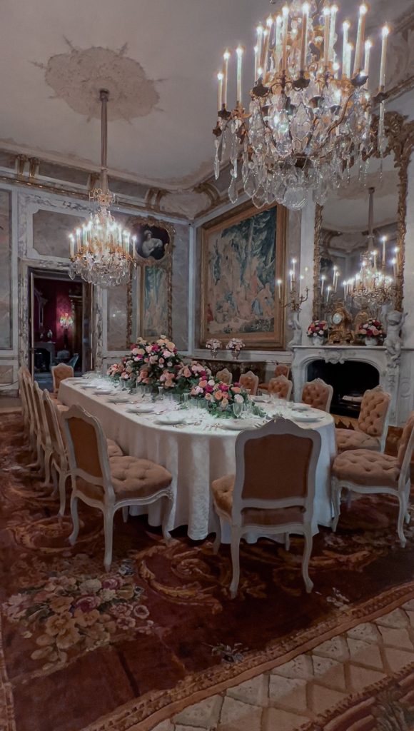 palace dining room with hanging chandelier